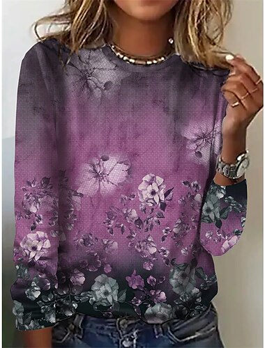  Damen T-Shirt Vintage Basic Schmetterlingsdruck Langarm Normal Oberteile Rundhals Alltag Wochenende Rosa Blau Lila Braun Grün Herbst&amp; Winter