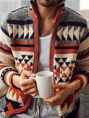  Homens Suéter Carregam Suéter Fair Isle Suéter com zíper Casaco de Suéter Tricotar Botões Tricotado Geométrica Colarinho de Camisa Casual Roupa Outono Inverno Vermelho M L XL