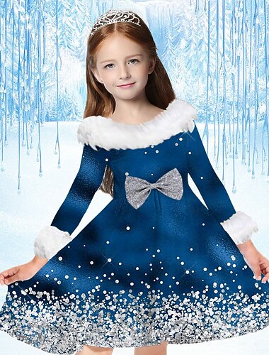  kinderkleidung Mädchen Kleid Schneeflockenkleid Schneeflocke Langarm Casual Pelzkragen Rundhalsausschnitt bezaubernd Täglich Polyester Übers Knie Casual kleid Schaukelkleid A Linie Kleid Herbst Winter
