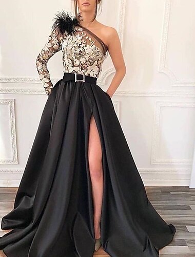  A-Line Evening Gown Black Dress Vintage Formal Wedding Guest Court Train Long Sleeve One Shoulder Satin with Feather Slit 2024