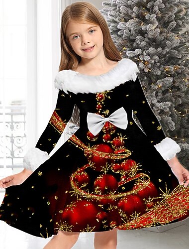  Barn Jente Julekjole Kjole Snowflake kjole Juletre Bokstaver Snøfnugg Langermet Julegaver Avslappet Pelskanter Crewneck Bedårende Daglig Polyester Ovenfor knéet Uformell kjole Swingkjole Kjole med