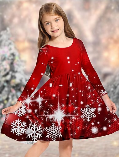  Barn Jente Julekjole Kjole Snowflake kjole Snøfnugg Langermet Julegaver Avslappet Crewneck Bedårende Daglig Polyester Ovenfor knéet Uformell kjole Swingkjole Kjole med A-linje Høst Vinter 3-10 år Vin
