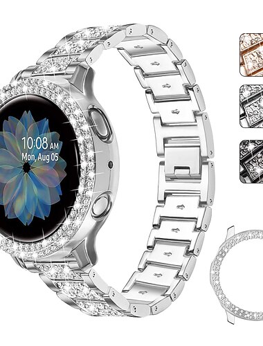 Ver Banda para Samsung Galaxy Watch 5 40/44mm Watch 4 Clásico 42/46mm Watch 4 40/44mm Reloj Activo 40mm Acero Inoxidable Diamantes Sintéticos Reemplazo Correa con caso Diamante brillante Pulsera de