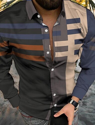  Voor heren Geometrisch patroon Poker Overhemd Bowlingshirt Overhemd met knopen Lange mouw Modieus Ontwerper Casual Casual Dagelijks Buiten Herfst winter Strijkijzer Afdrukken Button-omlaag blauw