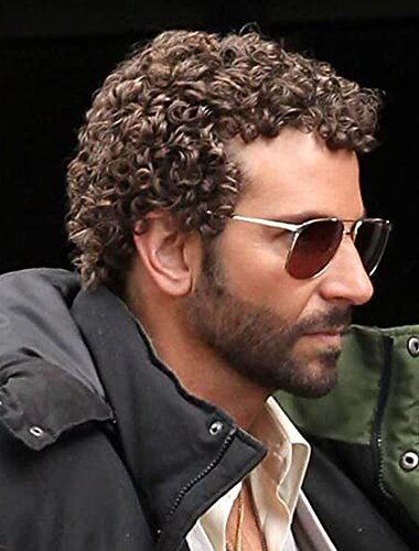  Herren kurze braune Afro-Lockenperücke für männliche Kerl-Rocker-Perücke Kalifornien-Halloween-Cosplay-Kostüm volle Perücken