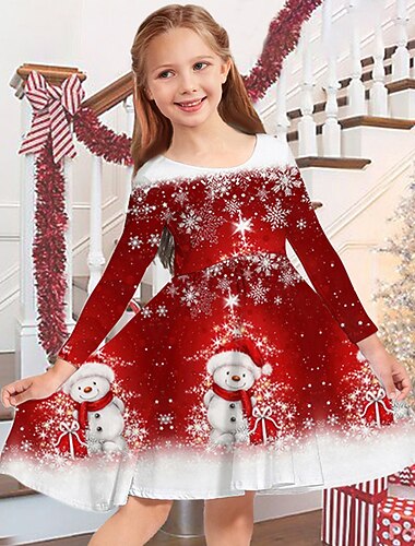  子供 女の子 クリスマス･ドレス ドレス スノーフレークドレス 雪だるま スノーフレーク柄 長袖 カジュアル クルーネック 愛らしい 日常 ポリエステル 膝上 カジュアルドレス スイングドレス A ラインドレス 秋 冬 3〜10年 マルチカラー ブラック ホワイト