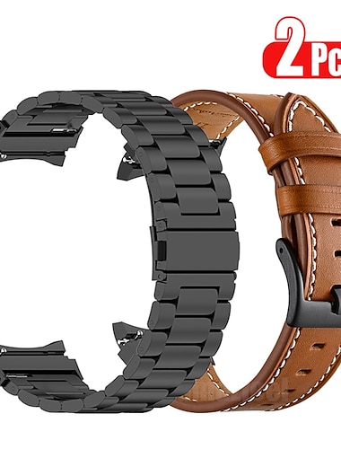  Ремешок для часов для Samsung Galaxy Watch 7/6/5/4  40/44mm, Watch 5 Pro 45mm, Watch 6 Classic 43/47mm, Watch 4 Classic 42/46mm Нержавеющая сталь Натуральная кожа Замена Ремень Металлическая застежка