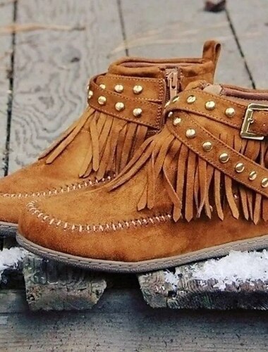  Botas femininas de camurça sintética marrom com franjas - estilo boho com tira cravejada e zíper lateral para moda casual de outono