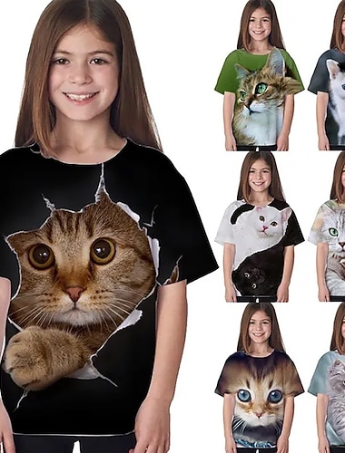  Barn Jente T skjorte Dyr Avslappet Kortermet Crewneck søt stil 7-13 år Sommer Svart Hvit Navyblå