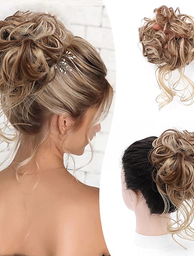  Extensiones de moño para el cabello con moño desordenado, con banda de goma elástica, cola de caballo, para mujer (mezcla marrón, rubio claro)