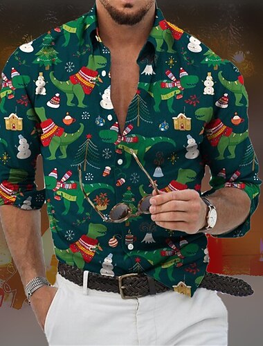  рождество мужские рождественские сцены принтованные рубашки рубашки животные динозавры графические принты отложной воротник зеленый бежевый белый 3d принт уличный длинный рукав на пуговицах принт
