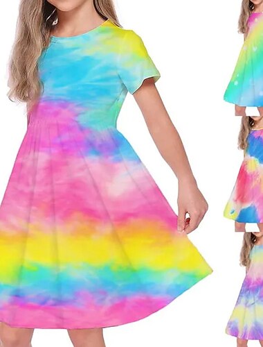  ragazze' 3D Arcobaleno Vestito Manica corta Estate Primavera Informale Adorabile Giornaliero Bambino 3-12 anni Abito casual Vestito svasato Abito linea A Sopra il ginocchio Standard