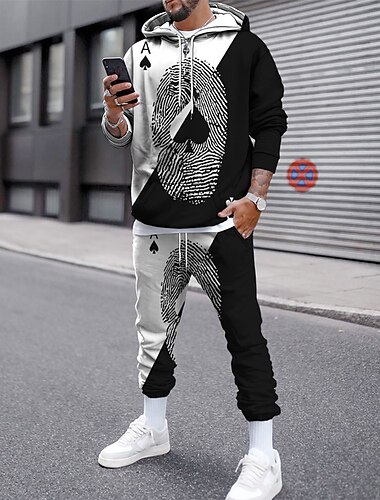  Herre Grafisk Poker 2stk 3D sweatshirt sæt Træningsdragt Hættetrøjer Langærmet Lange bukser Hætte Gade Designer Basale Sport & Udendørs Afslappet Sport Trykt mønster Forår Efterår Sort og Hvid