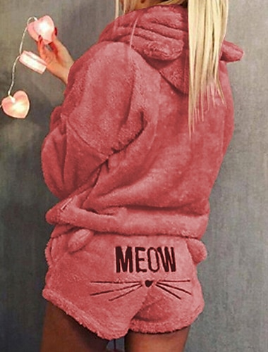  Damen Loungewear Trainingsanzug-Sets 2-teilig Tierkatze Warmer Plüschkomfort Home Street Täglicher Fleece-Kapuzenpullover Langarm-Kapuzenpullover Shorts Elastischer Bund Fa Home Outfits