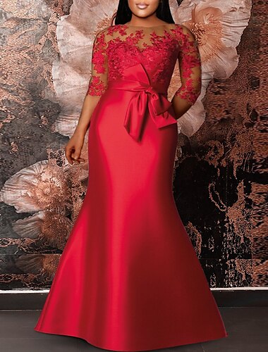  Vestido sirena rojo verde de talla grande, vestido formal de talla grande, vestido formal para invitados a la boda, largo hasta el suelo, media manga, escote joya, satén con apliques, con tiras 2025
