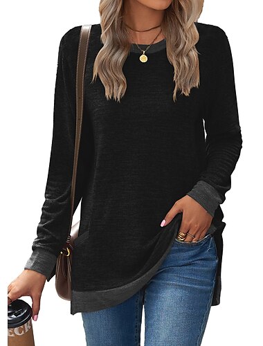  Dames T-shirt Kleurenblok Basic Lange mouw Pofmouw Ronde hals Normale tops Valentijnsdag Dagelijks Afdrukken Zwart Leger Groen Rood Licht Bruin blauw Herfst winter