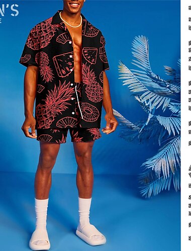  Herren Ananas Lebensmittel Grafikdrucke Hemden-Sets Hemd Set Sommer Hawaiihemd Kurze Ärmel Umlegekragen Tropisch Hawaiianisch Lässig Urlaub Sport & Outdoor Straße Knöpfe Elastischer Bund Druck