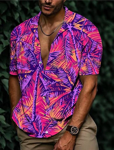  男性用 シャツ アロハシャツ ココナッツの木 グラフィック 折襟 ピンク パープル カジュアル ハワイアン 半袖 プリント ボタンダウン 衣類 トロピカル風 ファッション ハワイアン ソフト