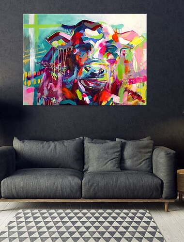  handgefertigtes Ölgemälde auf Leinwand, Wandkunst, Dekoration, modernes Tier, buntes Vieh, für Wohnkultur, gerolltes, rahmenloses, ungedehntes Gemälde