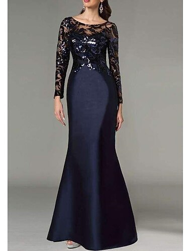  Meerjungfrau Mutter der Braut Kleid Hochzeitsgast Formal Abend Elegant Funkeln  Glanz Juwel-Hals Bodengleich Satin Pailletten Langarm mit Pailletten Farbblock 2025