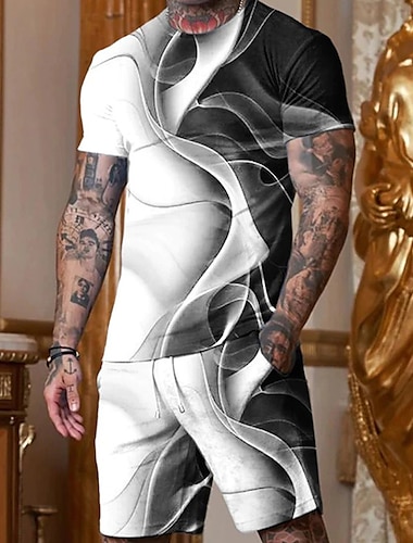  メンズ グラフィック シャツ黒と白の 3D カジュアル |夏の綿のショーツセット衣装抽象的なクルーネックの衣類アパレルプリントプラスサイズの屋外
