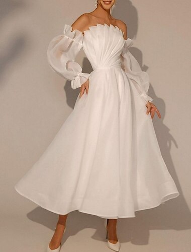  Robe blanche de mariée pour la shower Robes de shower de mariée Robes de mariage Robes A-Line Col carré Manches longues Longueur cheville Robes de mariée en organza avec plis Couleur unie 2025