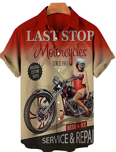  Homme Lettre Moto Pin Up Fille Chemise Chemise hawaïenne Chemise Aloha Manches courtes Chemise Col rabattu Rétro Vintage Tropique Mode Plein Air Casual Hawaïen Jaune clair Noir Jaune S M L