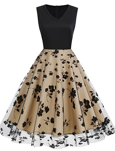  Retro Vintage Anos 50 Vestido antigo Vestido Coquetel Vestido swing Vestido Flare Flor Mulheres Baile de Máscaras Festa / Noite Festa de Solteira Adulto Vestido Vestidos de baile