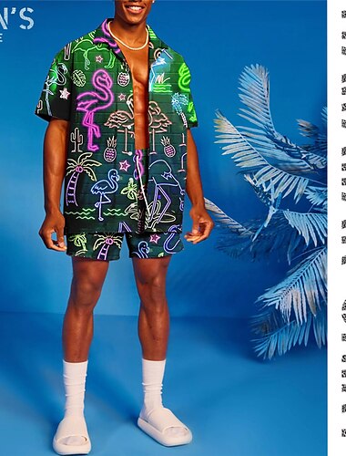  Herren Grafik Graffiti Flamingos Hemden-Sets Hemd Set Sommer Hawaiihemd Kurze Ärmel Umlegekragen Tropisch Hawaiianisch Lässig Urlaub Sport & Outdoor Straße Knöpfe Elastischer Bund Druck Frühling