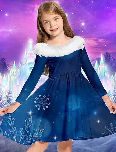  Barn Flickor Klänning Snowflake Klänning Snöflinga Långärmad Ledigt Pälskrage Crewneck Förtjusande Dagligen Polyester Ovanför knäet Vardagsklänning Swingklänning A linjeklänning Höst Vinter 2-13 år