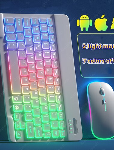  tastatur- og muskombinasjon for nettbrett android ios windows, trådløs slank mus tastaturkombinasjon, bluetooth regnbuebakgrunnsbelyst tastatur