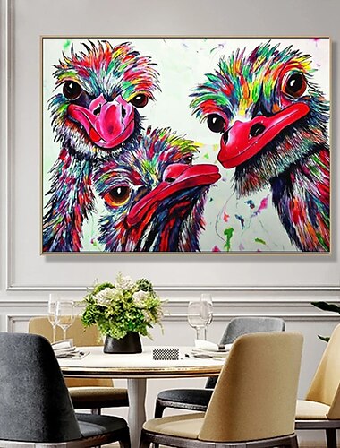  Peinture à l'huile faite à la main toile art mural décoration moderne mignon animal autruche famille pour la décoration intérieure roulé sans cadre peinture non étirée
