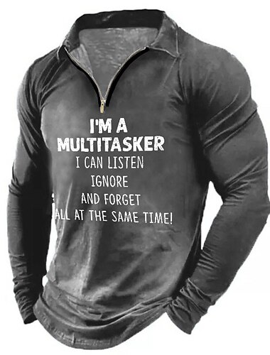  Grappige "Ik Ben Een Multitasker" Quote Heren Lange Mouw Quarter-Zip Graphic Shirt Voor Werk  Kantoor Humor
