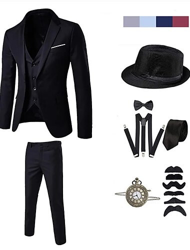  Vintage Glada 20-talet 1920-talet Kläder Kostymer och kavajer Tillbehör set Den store Gatsby Herre Ensfärgat Halloween V-hals Herr Halloween Halloween Möhippa Vuxna Kravatt Kappa Väst Alla årstider