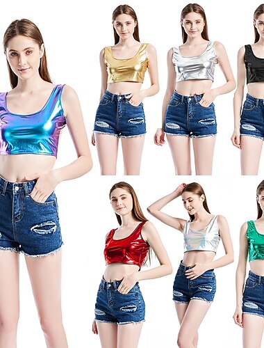  Metallisch 1980er Glänzendes Latex-Patent Tanktop PU - Leder Kostüm Damen Maskerade Party Junggesellinnenabschiedsparty Pride Parade Erwachsene Weste