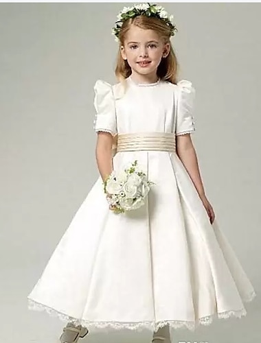  A-Line Ankle Length Flower Girl Dress First Communion Girls Cute Prom Dress Satin with Sash / Ribbon Royal Style Fit 3-16 Years