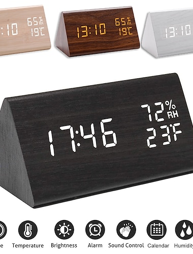  Wooden Digital Alarm Clock with Wooden Electronic LED Time Display 3 Alarm Settings Humidity Temperature Detect Wood Made Electric Clocks for Bedroom