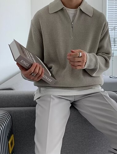  Herre Bluse Sweater med lynlås Pullover polo sweater bluse Rillet Strikke Tunika Halv lynlås Strikket Vanlig Aftæpning Hold Varm Moderne Moderne Arbejde Dagligdagstøj Tøj Efterår vinter Sort