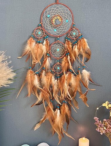  Atrapasueños regalo hecho a mano pluma gancho flor carillón de viento con cinco círculos adorno colgante de pared decoración arte estilo boho 15x8 0 cm/6''x31,5''