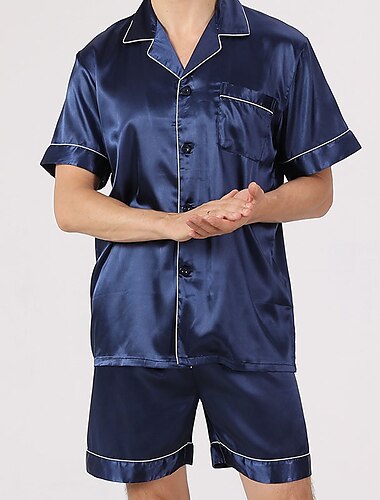  Hombre Pijama Conjunto pijama Pijama de Seda Top de pijama y pantalones cortos 1 juego Plano Moda Confort Hogar Cama Seda sintética Comodidad Diseño Manga Corta Bermudas Botón Primavera Verano Negro