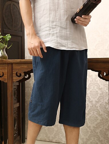  Herren Caprihose Leinenshorts Sommershorts Tasche Kordelzug Elastischer Bund Einfach Wadenlang Outdoor Täglich Ausgehen Mode Streetwear Gelb Königsblau Unelastisch