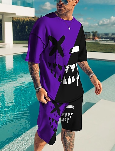  男性用 グラフィック しかめっ面 2個 ティーセット マッチングセット 半袖 ショートパンツ クルーネック デザイナー カジュアル 快適 アウトドア バケーション 日常 3Dプリント 春夏 ライトイエロー ダークイエロー ブラックとレッド