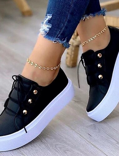  Weiße Plateau-Sneaker für Damen mit goldenen Knopfdetails – trendige Schnürschuhe für den Alltag