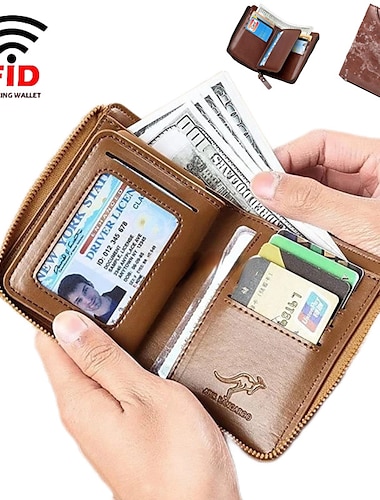  Kangaroo Wallet Men's RFID Blocking PU Leather Wallet with Zipper Multi Business Credit Card Holder Purse High Quality
