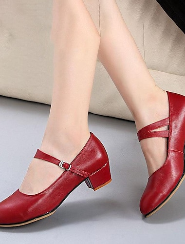  Rode latin dansschoenen voor dames – leren Mary Jane-stijl met dikke hakken en verstelbare band voor ballroom en optredens