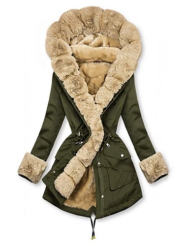 Damen Wintermantel Winterjacke Windundurchlässig warm halten Zip Tasche Kordelzug Pelzkragen Elegant Streetstyle Glatt Strasse Casual Freizeitskleidung Reisverschluss Standard Kapuzenpullover Regular