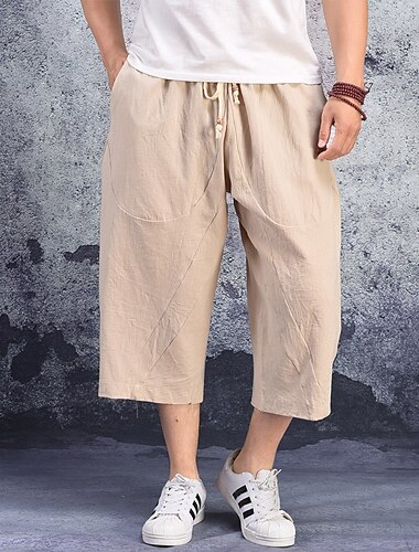  Herren Leinenshorts Kurze Hosen Sommer-Shorts Caprihose Tasche Kordelzug Elastische Taille Glatt Komfort Atmungsaktiv Wadenlänge Casual Festtage Ausgehen Stilvoll Klassisch Schwarz Weiß