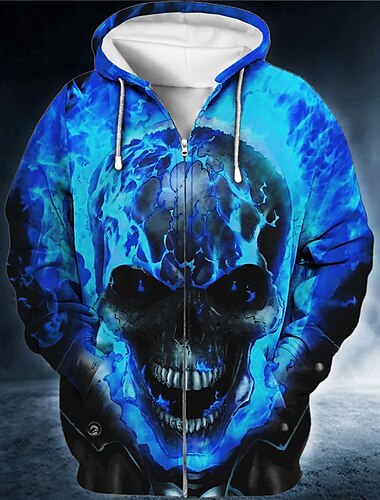  Herren Totenkopf Motiv Grafik-Drucke Hoodie Sweatshirt Kapuze Hoodies Pullover Kapuzenshirt mit durchgehendem Reißverschluss Langarm Sweatshirt mit Kapuze Mit Kapuze Strassenmode 3D-Druck Sport