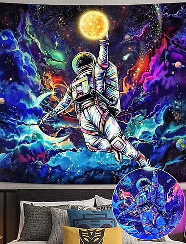  astronauta blacklight uv reattivo da parete arazzo luna basket art decor tenda coperta tovaglia da picnic appesa casa camera da letto soggiorno dormitorio decorazione regalo poliestere