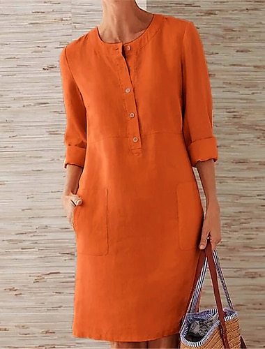  naisten vapaa-ajan mekko puuvilla pellava mekko vaihtomekko polvipituinen mekko harmaa khaki oranssi tummanharmaa pitkähihainen puhdas väri taskunappi kevät kesä syksy pyöreä pääntie perus löysä s m